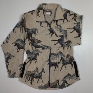 Outback Trading Co Horse Print Fleece Jacket Tan Brown Western Full Zip Large